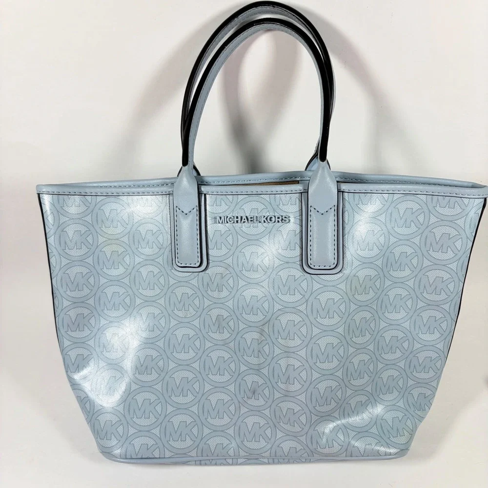 Michael Kors Light Blue MK Logo Signature Tote Bag Shopper Minimalist Designer